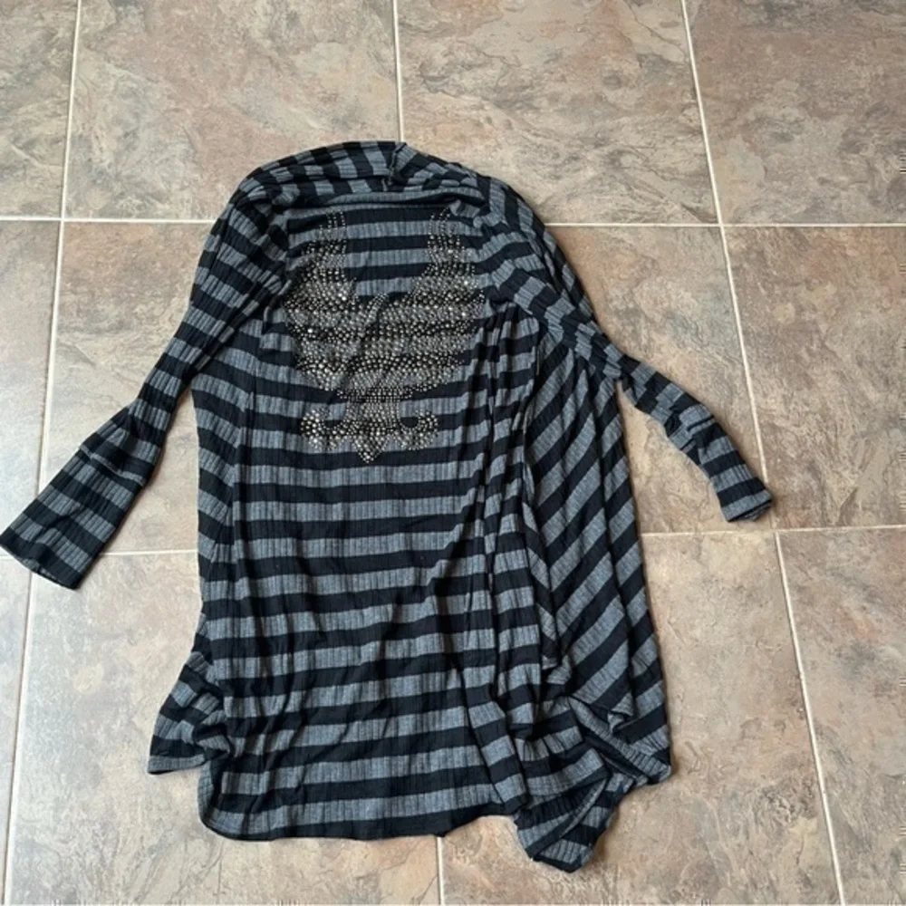 S.Twelve Gray Black Striped Skull Rhinestone Draped Cardigan Duster small